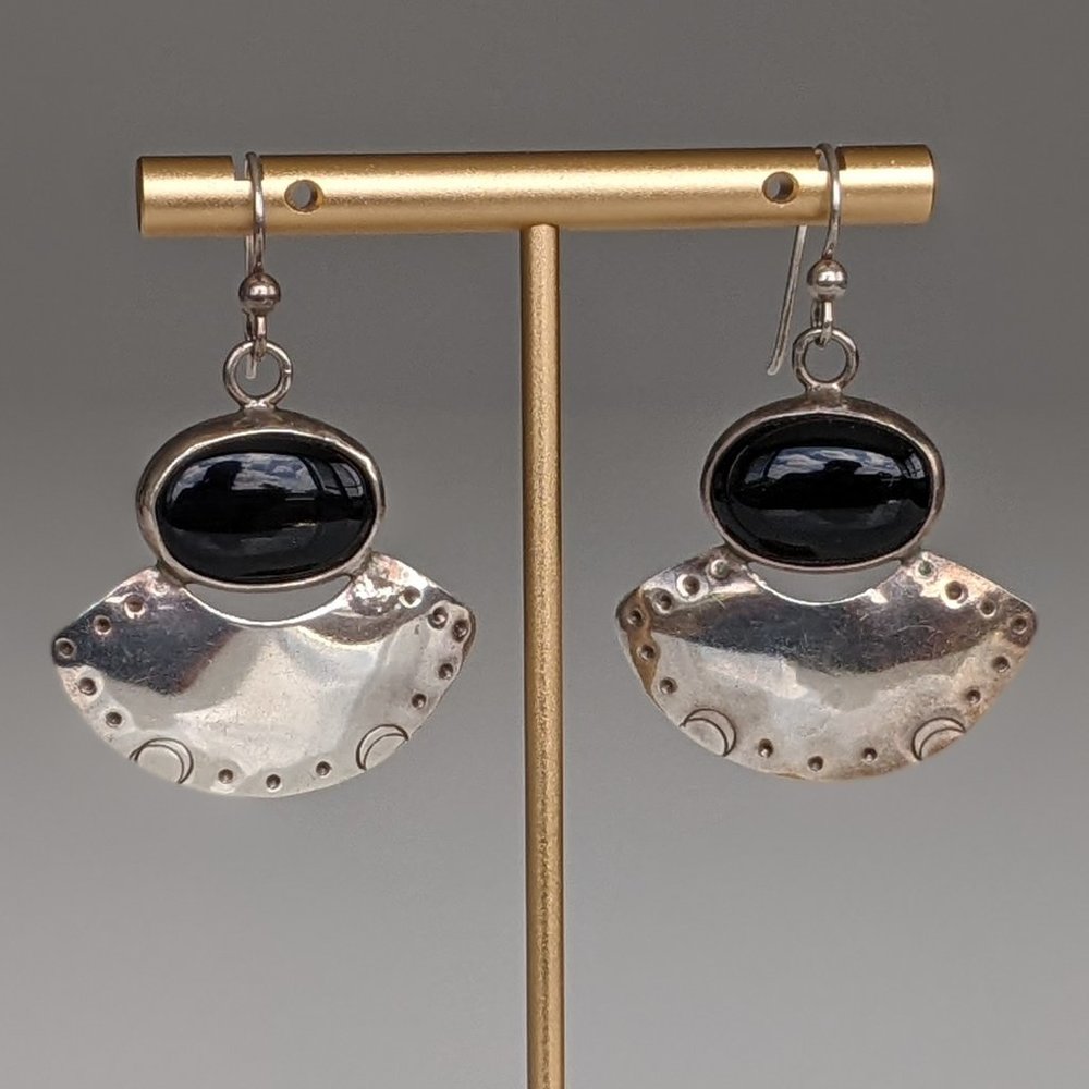 Silver & Onyx Fan Drop Earrings